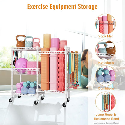 Home Gym Storage, 3 Tiers Workout Equipment Organizer with Wheels for Yoga Mats, Foam Roller, Dumbbells, Kettlebells, and Resistance Bands