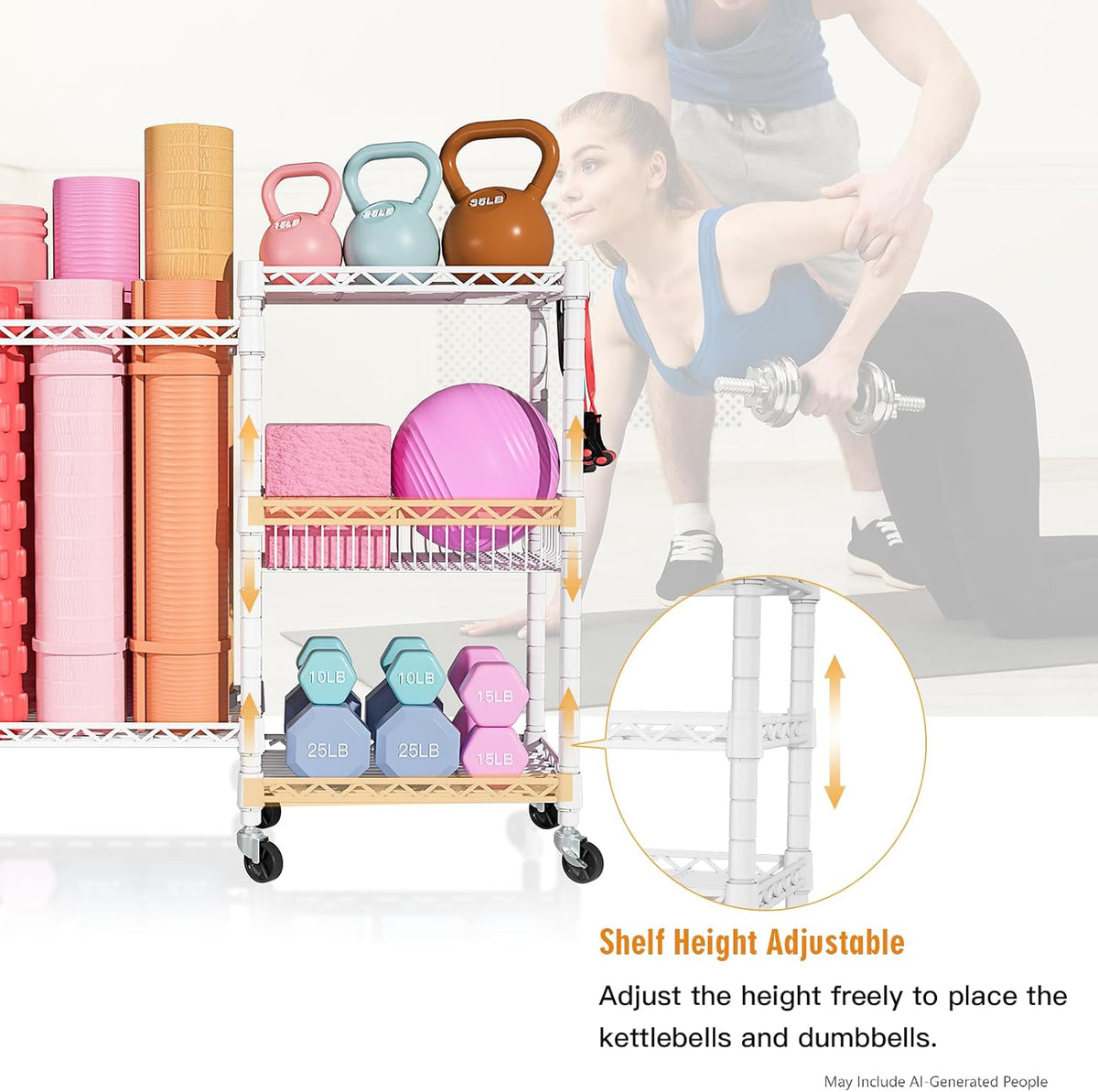 Home Gym Storage, 3 Tiers Workout Equipment Organizer with Wheels for Yoga Mats, Foam Roller, Dumbbells, Kettlebells, and Resistance Bands