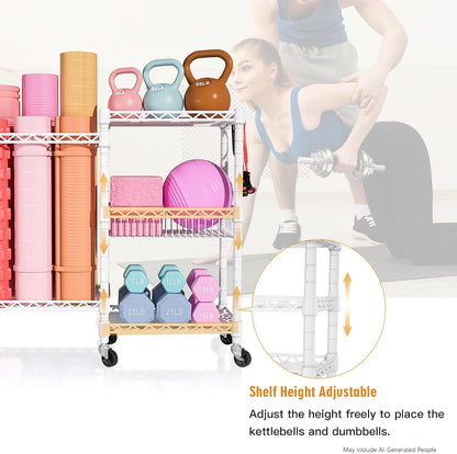 Home Gym Storage, 3 Tiers Workout Equipment Organizer with Wheels for Yoga Mats, Foam Roller, Dumbbells, Kettlebells, and Resistance Bands