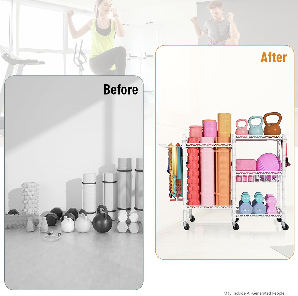 Home Gym Storage, 3 Tiers Workout Equipment Organizer with Wheels for Yoga Mats, Foam Roller, Dumbbells, Kettlebells, and Resistance Bands