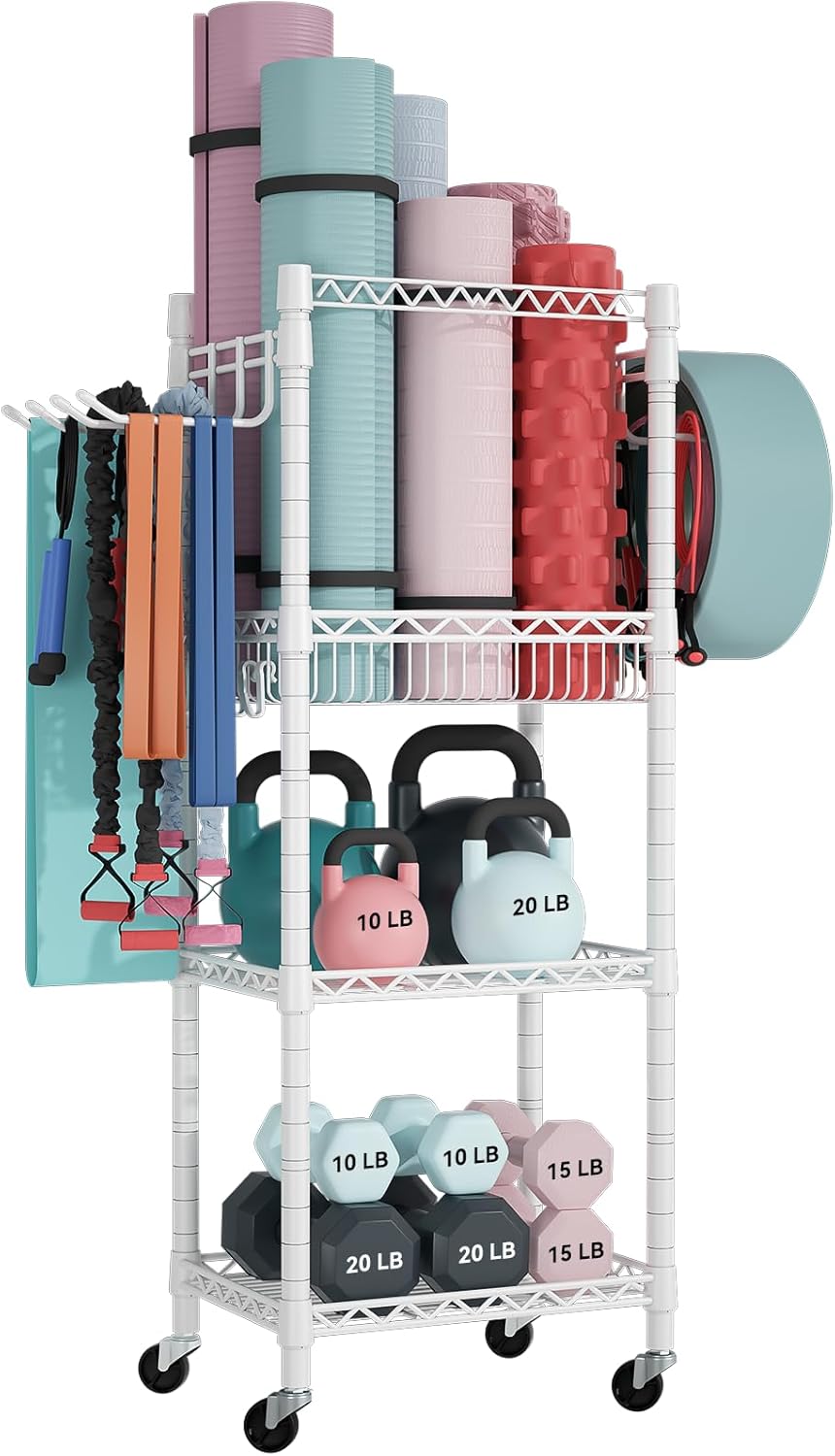 Home Gym Storage, 3 Tiers Workout Equipment Organizer with Wheels for Yoga Mats, Foam Roller, Dumbbells, Kettlebells, and Resistance Bands