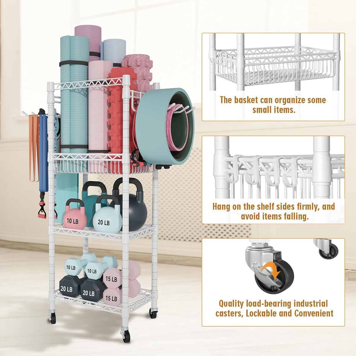 Home Gym Storage, 3 Tiers Workout Equipment Organizer with Wheels for Yoga Mats, Foam Roller, Dumbbells, Kettlebells, and Resistance Bands