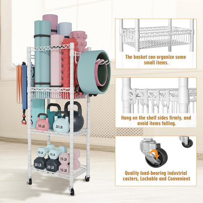 Home Gym Storage, 3 Tiers Workout Equipment Organizer with Wheels for Yoga Mats, Foam Roller, Dumbbells, Kettlebells, and Resistance Bands
