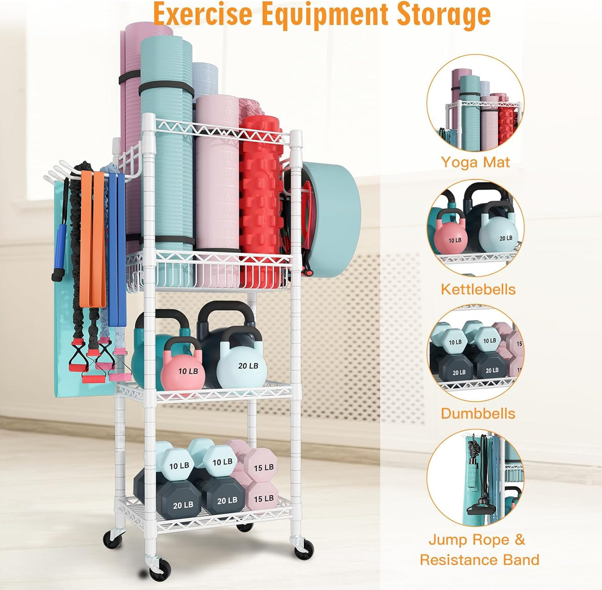 Home Gym Storage, 3 Tiers Workout Equipment Organizer with Wheels for Yoga Mats, Foam Roller, Dumbbells, Kettlebells, and Resistance Bands