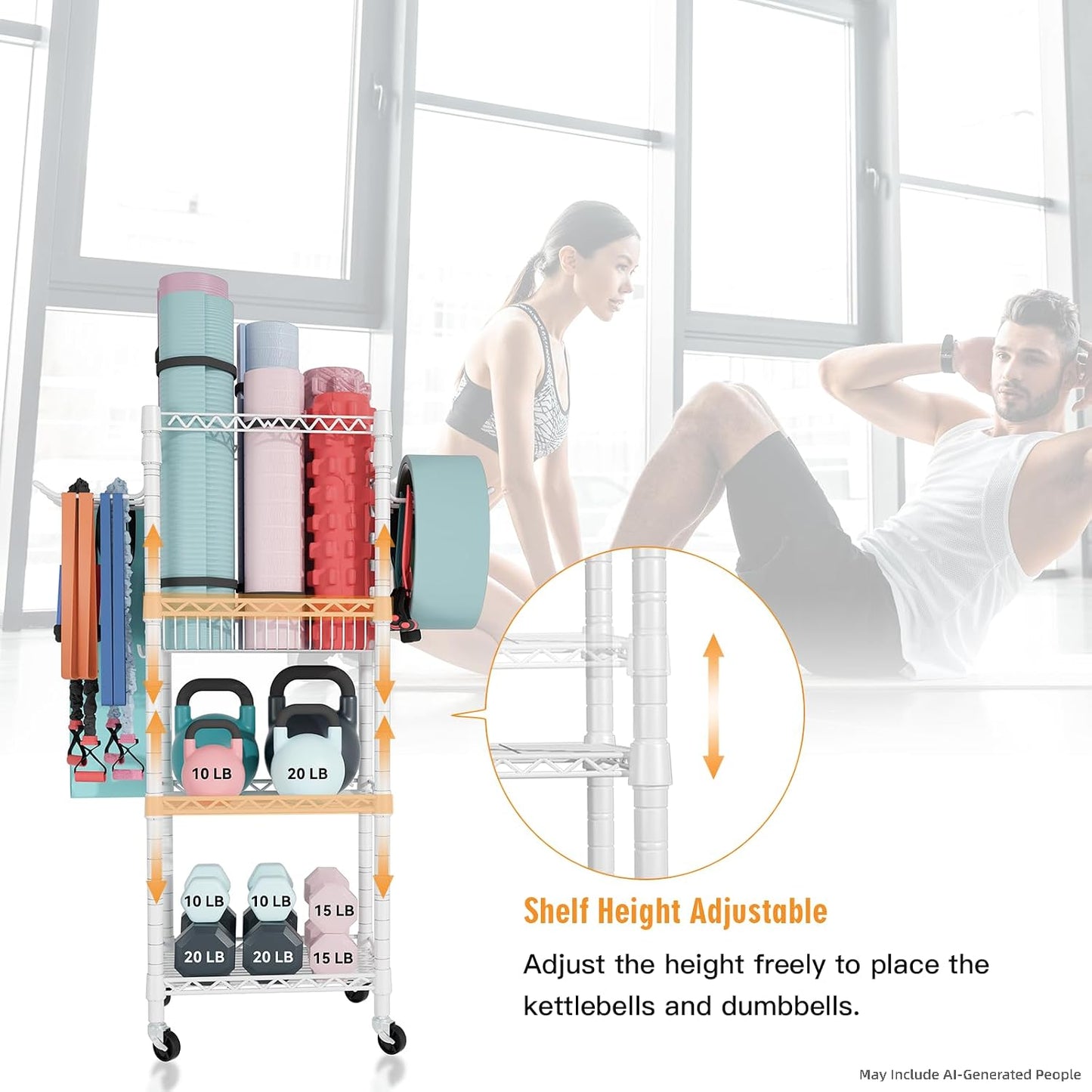Home Gym Storage, 3 Tiers Workout Equipment Organizer with Wheels for Yoga Mats, Foam Roller, Dumbbells, Kettlebells, and Resistance Bands
