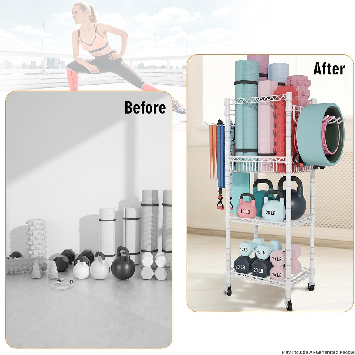 Home Gym Storage, 3 Tiers Workout Equipment Organizer with Wheels for Yoga Mats, Foam Roller, Dumbbells, Kettlebells, and Resistance Bands