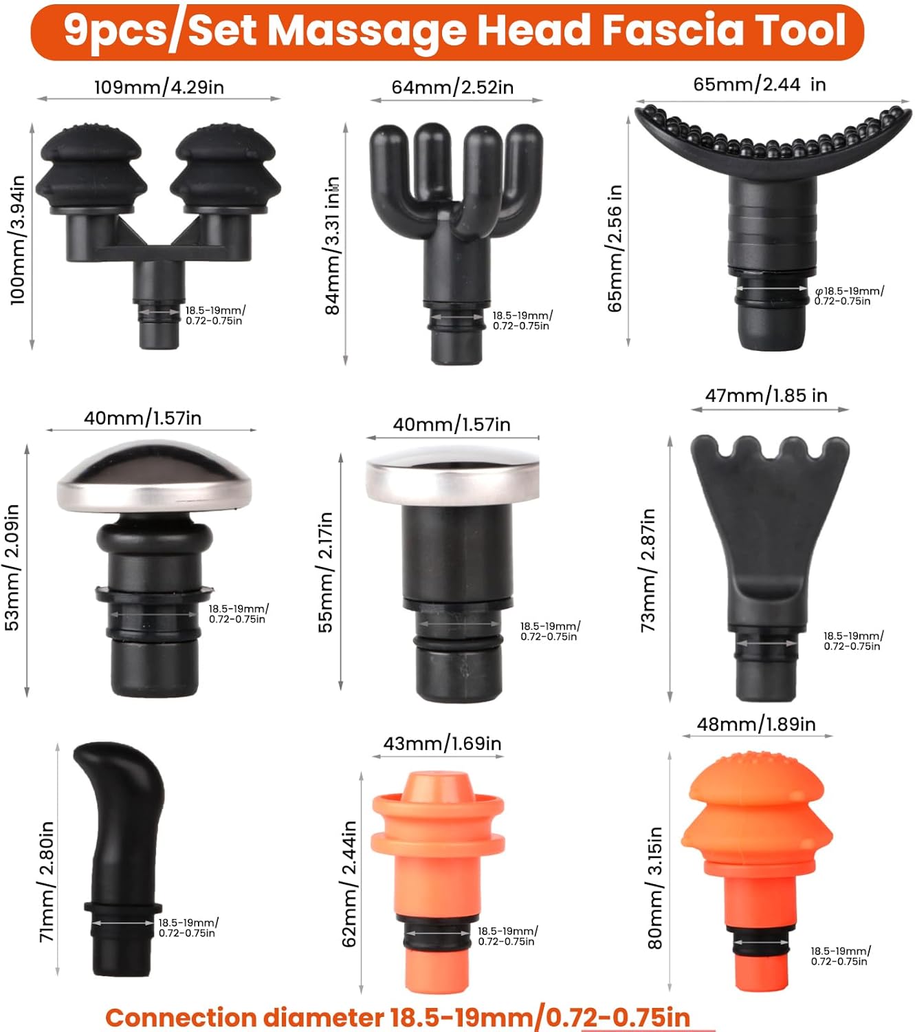 9Pcs Replaceable Massage Gun Heads - Deep Tissue Muscle Attachments and Accessories for Massage Gun - Plug-n-Play Adapter Set