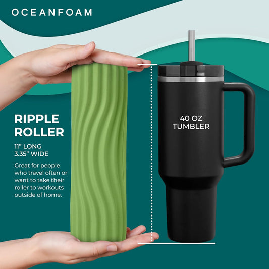 Ripple Travel Foam Roller (11" x 3.35") Firm Mini Foam Roller for Physical Therapy, Deep Tissue Massage, Back Pain - High Density, Ergonomic Wave Textured - Yoga, Pilates, Exercise (Seafoam) - Colors A