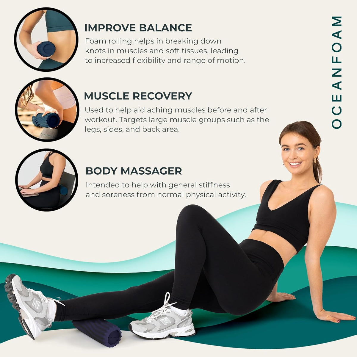 Ripple Travel Foam Roller (11" x 3.35") Firm Mini Foam Roller for Physical Therapy, Deep Tissue Massage, Back Pain - High Density, Ergonomic Wave Textured - Yoga, Pilates, Exercise (Seafoam) - Colors A