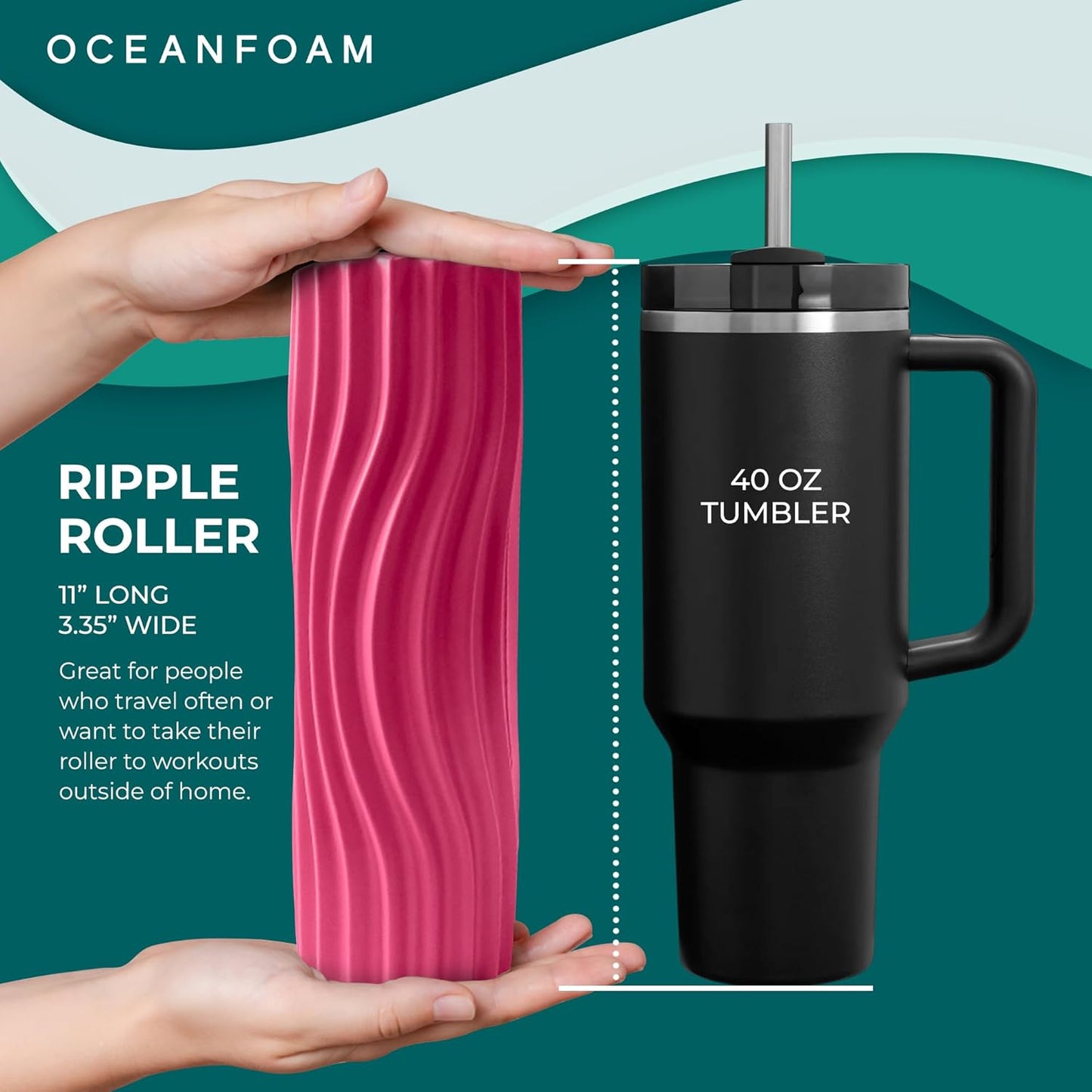 Ripple Travel Foam Roller (11" x 3.35") Firm Mini Foam Roller for Physical Therapy, Deep Tissue Massage, Back Pain - High Density, Ergonomic Wave Textured - Yoga, Pilates, Exercise (Seafoam) - Colors A