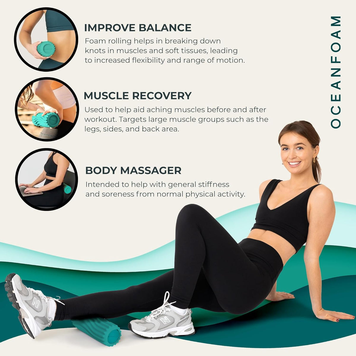 Ripple Travel Foam Roller (11" x 3.35") Firm Mini Foam Roller for Physical Therapy, Deep Tissue Massage, Back Pain - High Density, Ergonomic Wave Textured - Yoga, Pilates, Exercise (Seafoam) - Colors A