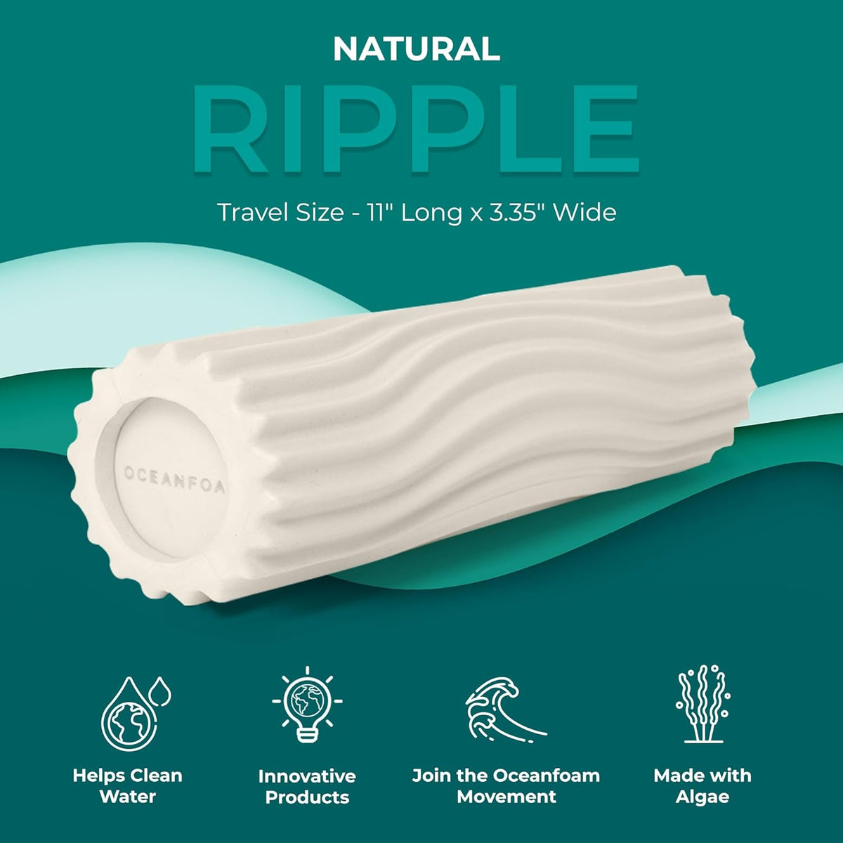 Ripple Travel Foam Roller (11" x 3.35") Firm Mini Foam Roller for Physical Therapy, Deep Tissue Massage, Back Pain - High Density, Ergonomic Wave Textured - Yoga, Pilates, Exercise (Seafoam) - Colors A