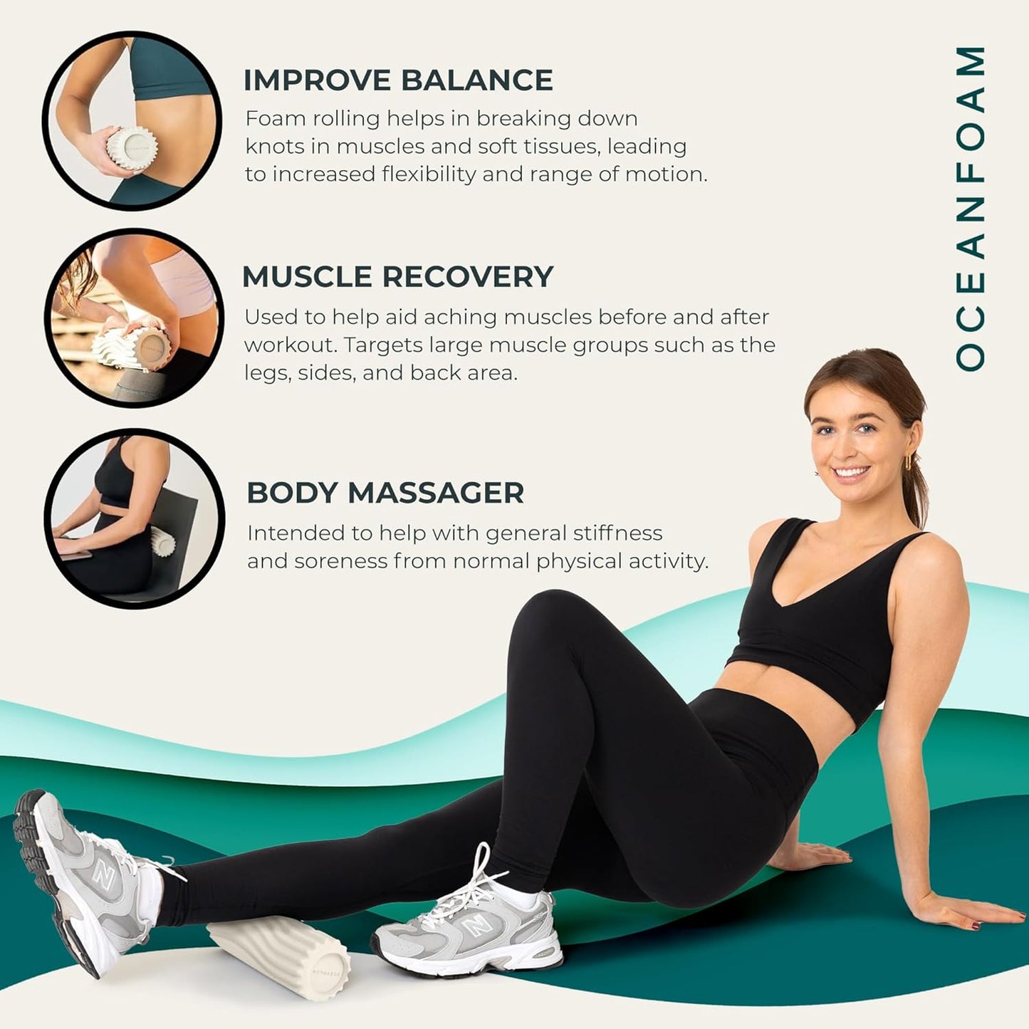 Ripple Travel Foam Roller (11" x 3.35") Firm Mini Foam Roller for Physical Therapy, Deep Tissue Massage, Back Pain - High Density, Ergonomic Wave Textured - Yoga, Pilates, Exercise (Seafoam) - Colors A