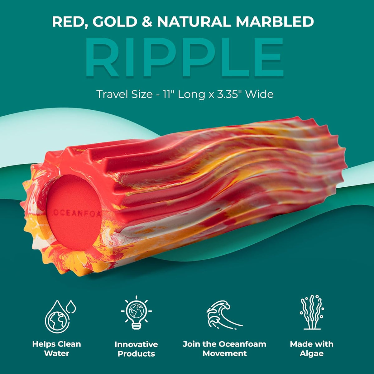Ripple Travel Foam Roller (11" x 3.35") Firm Mini Foam Roller for Physical Therapy, Deep Tissue Massage, Back Pain - High Density, Ergonomic Wave Textured - Yoga, Pilates, Exercise (Seafoam) - Colors A