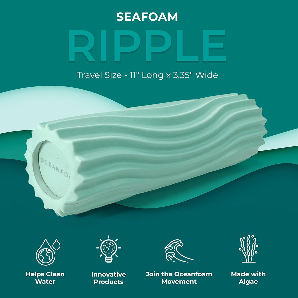 Ripple Travel Foam Roller (11" x 3.35") Firm Mini Foam Roller for Physical Therapy, Deep Tissue Massage, Back Pain - High Density, Ergonomic Wave Textured - Yoga, Pilates, Exercise (Seafoam) - Colors A