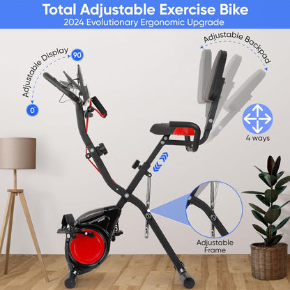 3-IN-1 Exercise Bike with Luminous Digits Display | Folding Stationary Bikes for Home Seniors | Compact Workout Bike with Fully Support Backrest - Wider Seat - 16 Level Magnetic Resistance