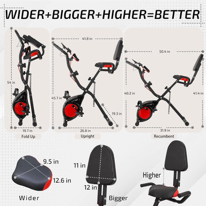 3-IN-1 Exercise Bike with Luminous Digits Display | Folding Stationary Bikes for Home Seniors | Compact Workout Bike with Fully Support Backrest - Wider Seat - 16 Level Magnetic Resistance