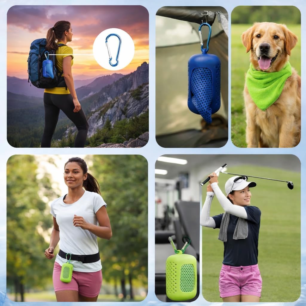 Cooling Towel with Clip Case – Quick-Dry Neck Wrap for Sports, Beach Tote Bags, Gym, Travel & Outdoor Heat (Green)