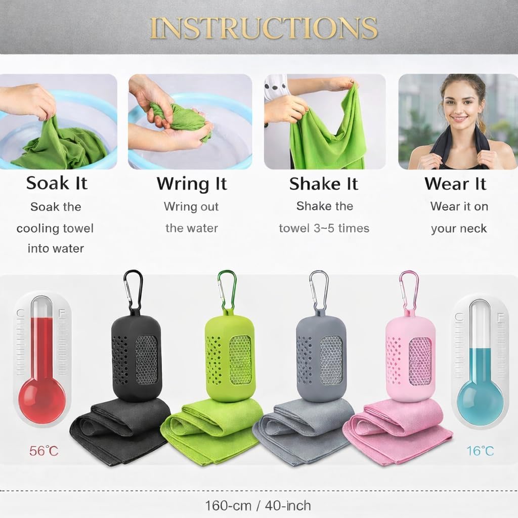 Cooling Towel with Clip Case – Quick-Dry Neck Wrap for Sports, Beach Tote Bags, Gym, Travel & Outdoor Heat (Green)