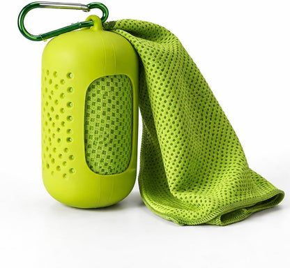 Cooling Towel with Clip Case – Quick-Dry Neck Wrap for Sports, Beach Tote Bags, Gym, Travel & Outdoor Heat (Green)