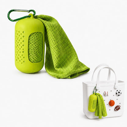 Cooling Towel with Clip Case – Quick-Dry Neck Wrap for Sports, Beach Tote Bags, Gym, Travel & Outdoor Heat (Green)
