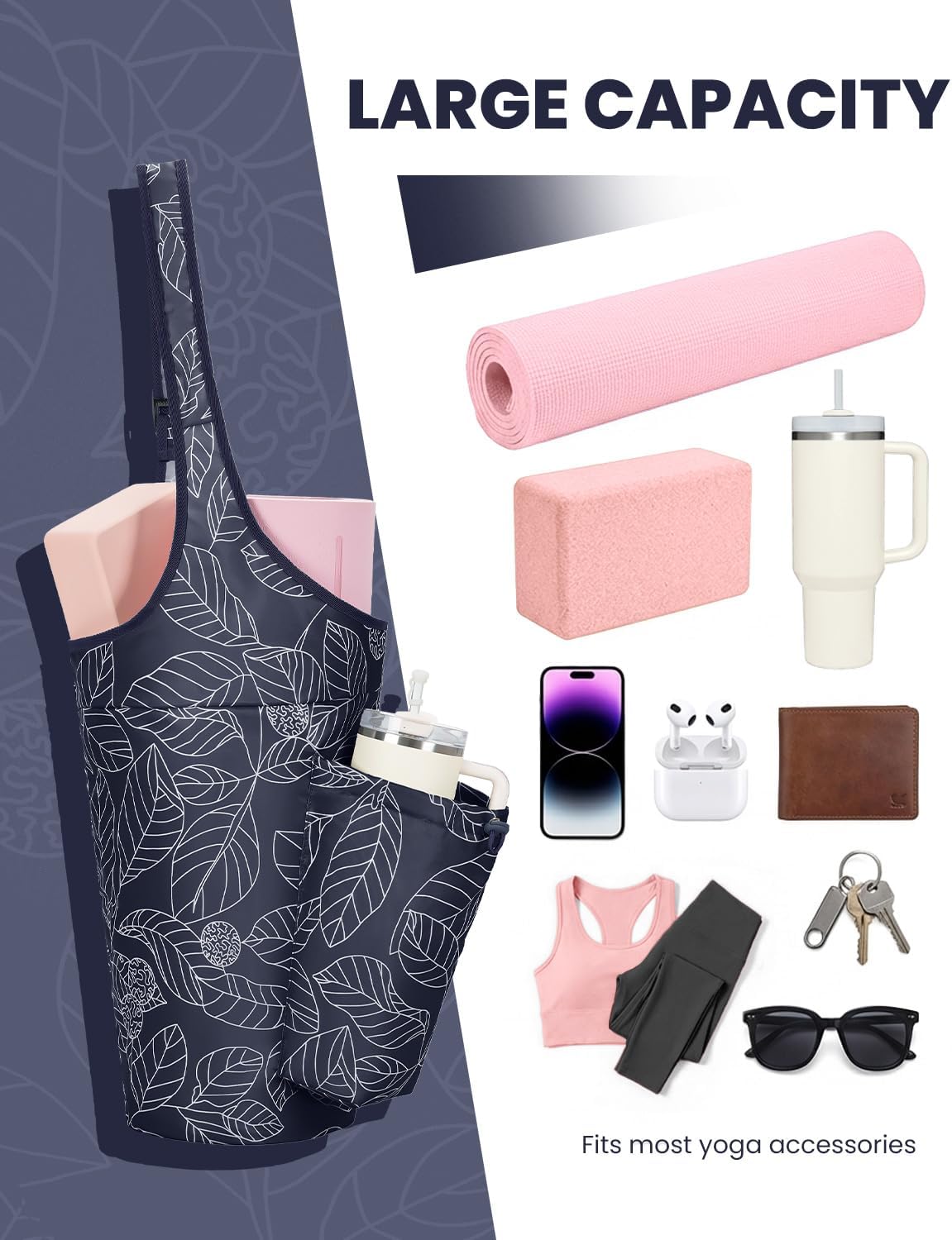 Yoga Mat Bag for Women with 40oz Water Bottle Pocket, Pilates Bag | Large-opening yoga mat carrier, fits most 1/4" & 1/2" yoga mats, adjustable shoulder strap, ideal for gym & workout