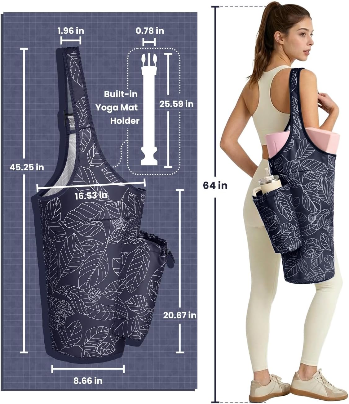 Yoga Mat Bag for Women with 40oz Water Bottle Pocket, Pilates Bag | Large-opening yoga mat carrier, fits most 1/4" & 1/2" yoga mats, adjustable shoulder strap, ideal for gym & workout
