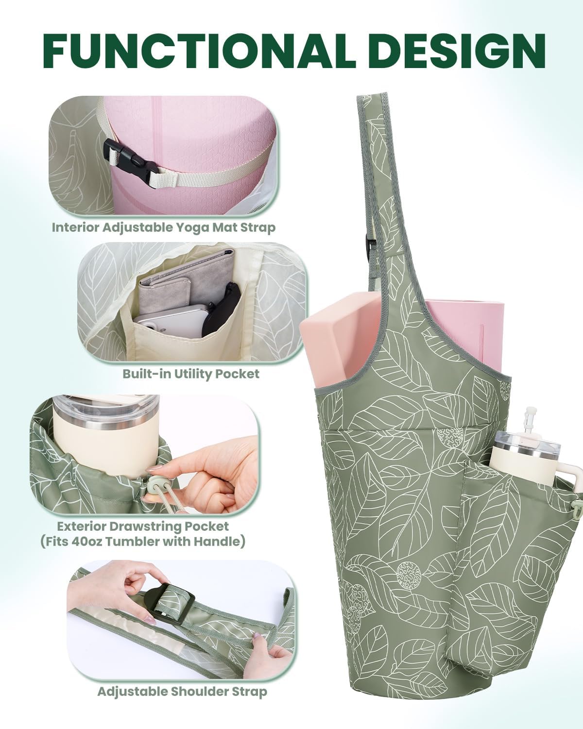 Yoga Mat Bag for Women with 40oz Water Bottle Pocket, Pilates Bag | Large-opening yoga mat carrier, fits most 1/4" & 1/2" yoga mats, adjustable shoulder strap, ideal for gym & workout