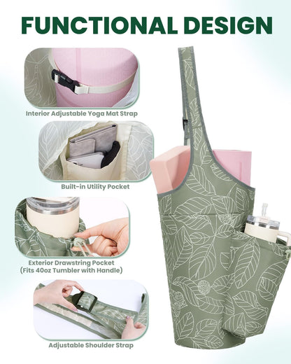 Yoga Mat Bag for Women with 40oz Water Bottle Pocket, Pilates Bag | Large-opening yoga mat carrier, fits most 1/4" & 1/2" yoga mats, adjustable shoulder strap, ideal for gym & workout