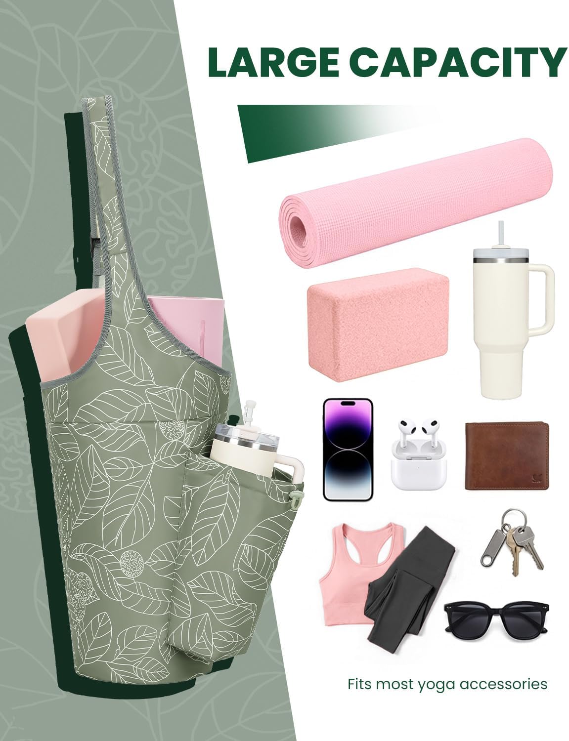 Yoga Mat Bag for Women with 40oz Water Bottle Pocket, Pilates Bag | Large-opening yoga mat carrier, fits most 1/4" & 1/2" yoga mats, adjustable shoulder strap, ideal for gym & workout