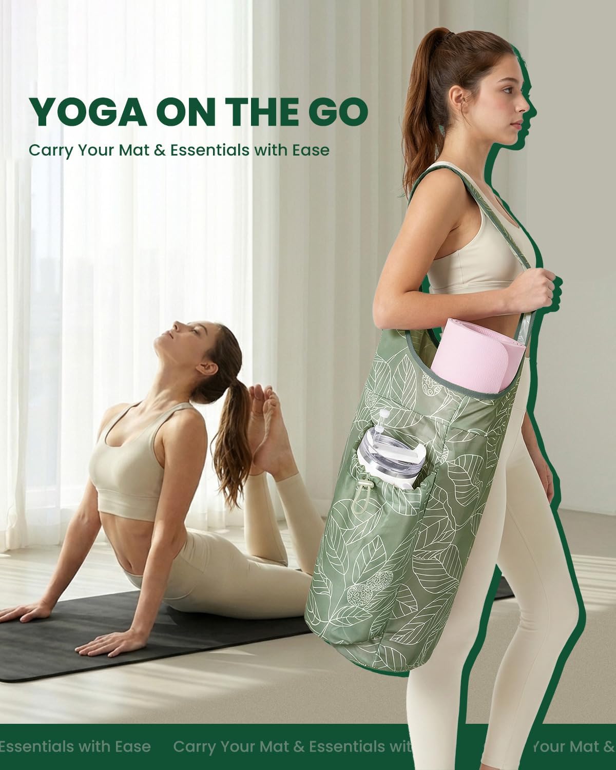 Yoga Mat Bag for Women with 40oz Water Bottle Pocket, Pilates Bag | Large-opening yoga mat carrier, fits most 1/4" & 1/2" yoga mats, adjustable shoulder strap, ideal for gym & workout