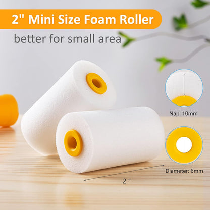 Foam Paint Roller, 2 Inch Mini Paint Roller Kit 9 Pack, Small Paint Roller with Tray and Liner, Small Paint Rollers 2 Inch, Mini Rollers for Painting Furniture, Stenciling, Art Crafts