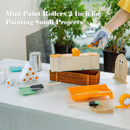 Foam Paint Roller, 2 Inch Mini Paint Roller Kit 9 Pack, Small Paint Roller with Tray and Liner, Small Paint Rollers 2 Inch, Mini Rollers for Painting Furniture, Stenciling, Art Crafts