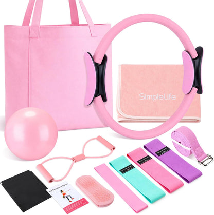 11 Pcs Pink Yoga Accessories Set for Women, Home Pilates Essential Kit for Workout Gym Lover Gifts with Yoga Mat Magic Circle Tote Bag 3 Resistance Bands Strap Socks Towel Ball TPE Loop