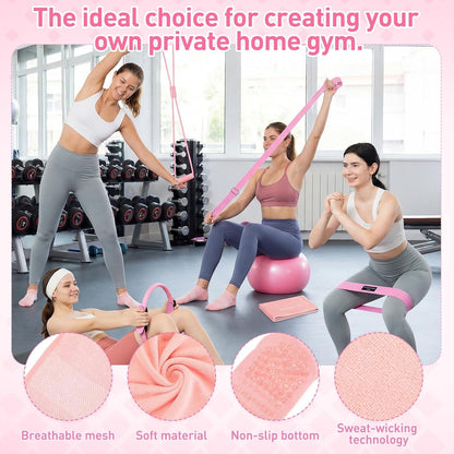 11 Pcs Pink Yoga Accessories Set for Women, Home Pilates Essential Kit for Workout Gym Lover Gifts with Yoga Mat Magic Circle Tote Bag 3 Resistance Bands Strap Socks Towel Ball TPE Loop