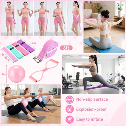11 Pcs Pink Yoga Accessories Set for Women, Home Pilates Essential Kit for Workout Gym Lover Gifts with Yoga Mat Magic Circle Tote Bag 3 Resistance Bands Strap Socks Towel Ball TPE Loop