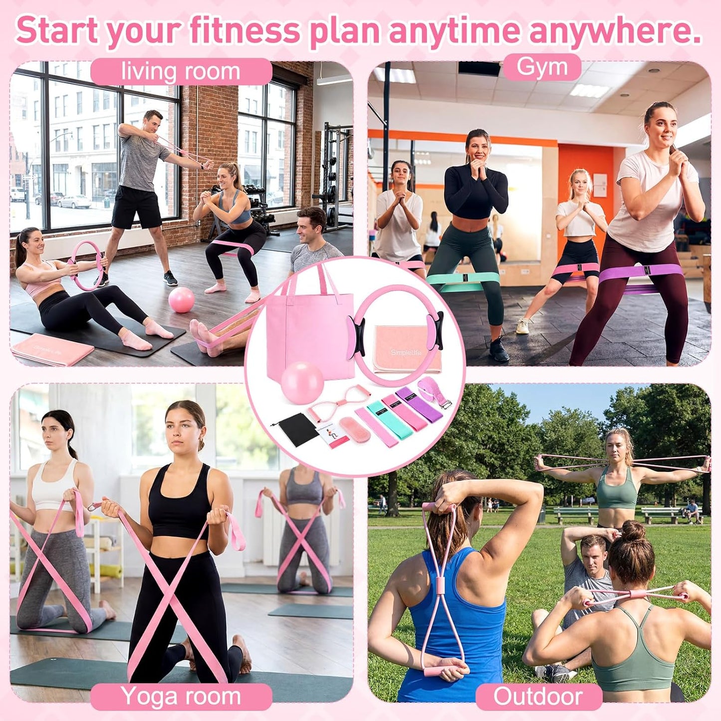 11 Pcs Pink Yoga Accessories Set for Women, Home Pilates Essential Kit for Workout Gym Lover Gifts with Yoga Mat Magic Circle Tote Bag 3 Resistance Bands Strap Socks Towel Ball TPE Loop