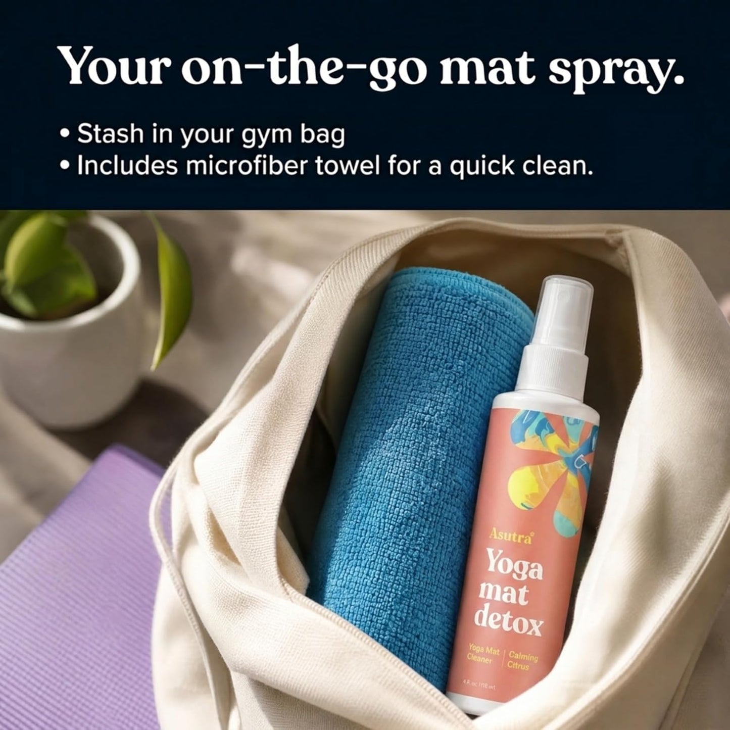 ASUTRA Yoga Mat Cleaner Spray (Peaceful Lavender), 4 fl oz - No Slippery Residue, Organic Essential Oils, Deep-Cleansing for Fitness Gear & Gym Equipment, Microfiber Towel Included