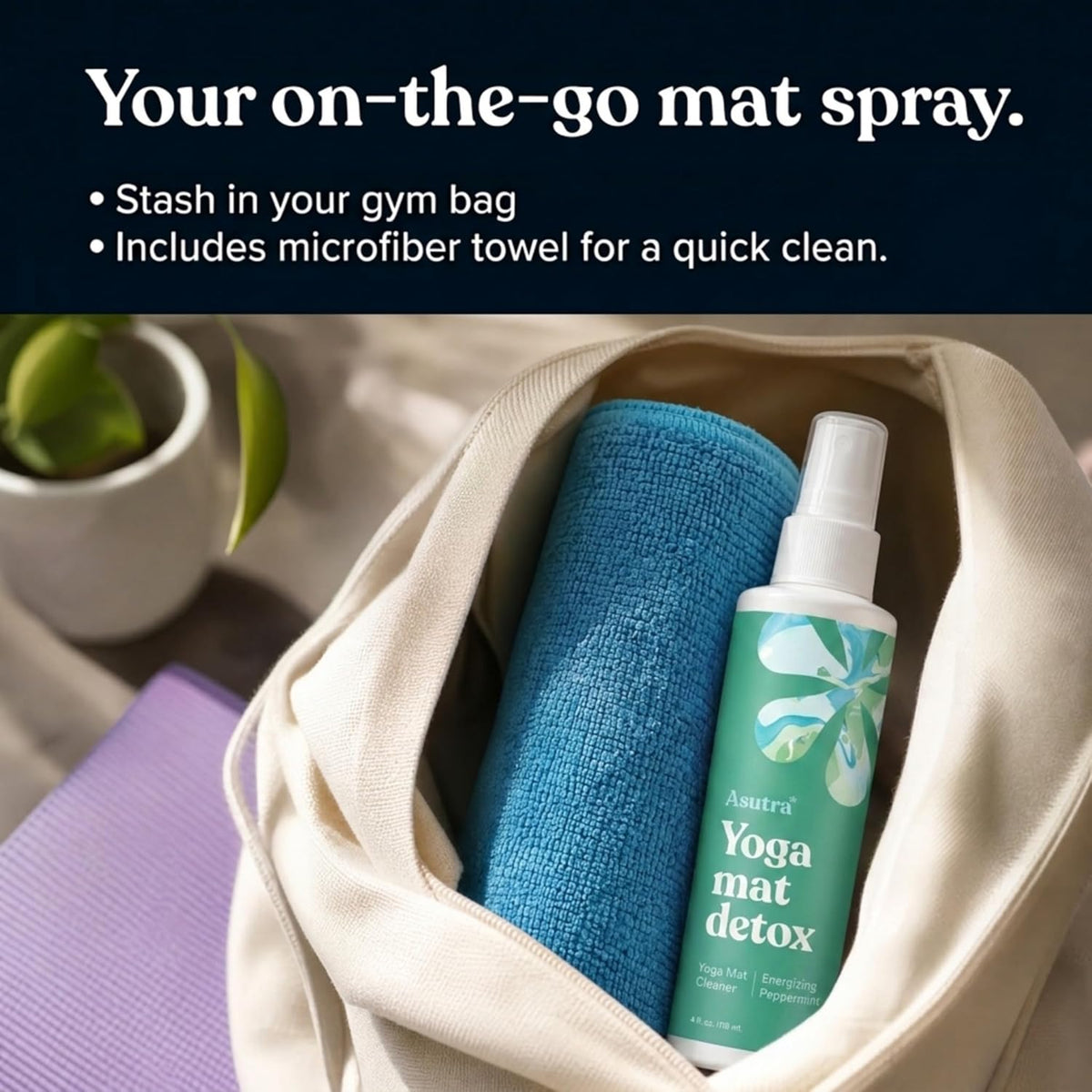 ASUTRA Yoga Mat Cleaner Spray (Peaceful Lavender), 4 fl oz - No Slippery Residue, Organic Essential Oils, Deep-Cleansing for Fitness Gear & Gym Equipment, Microfiber Towel Included