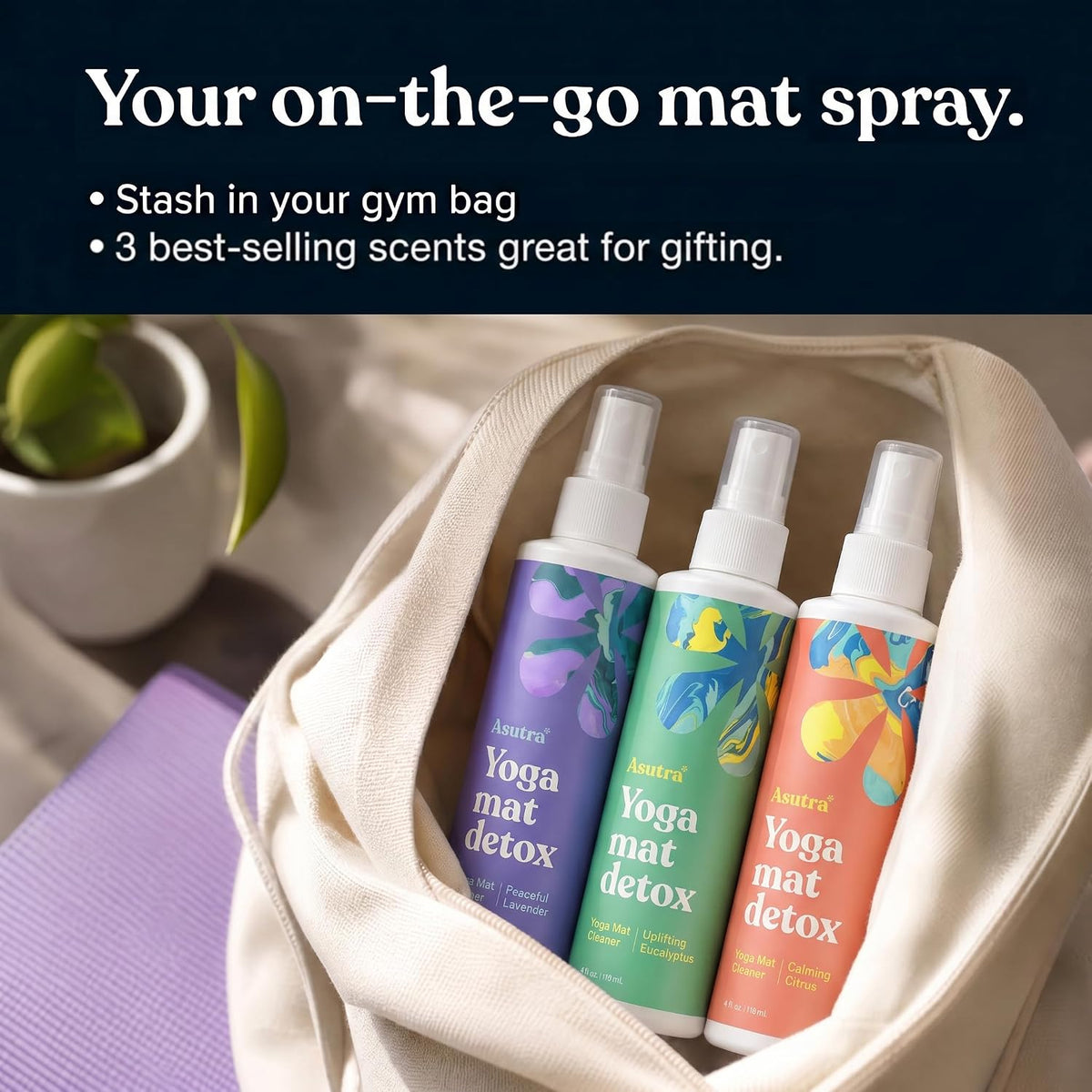 ASUTRA Yoga Mat Cleaner Spray (Peaceful Lavender), 4 fl oz - No Slippery Residue, Organic Essential Oils, Deep-Cleansing for Fitness Gear & Gym Equipment, Microfiber Towel Included