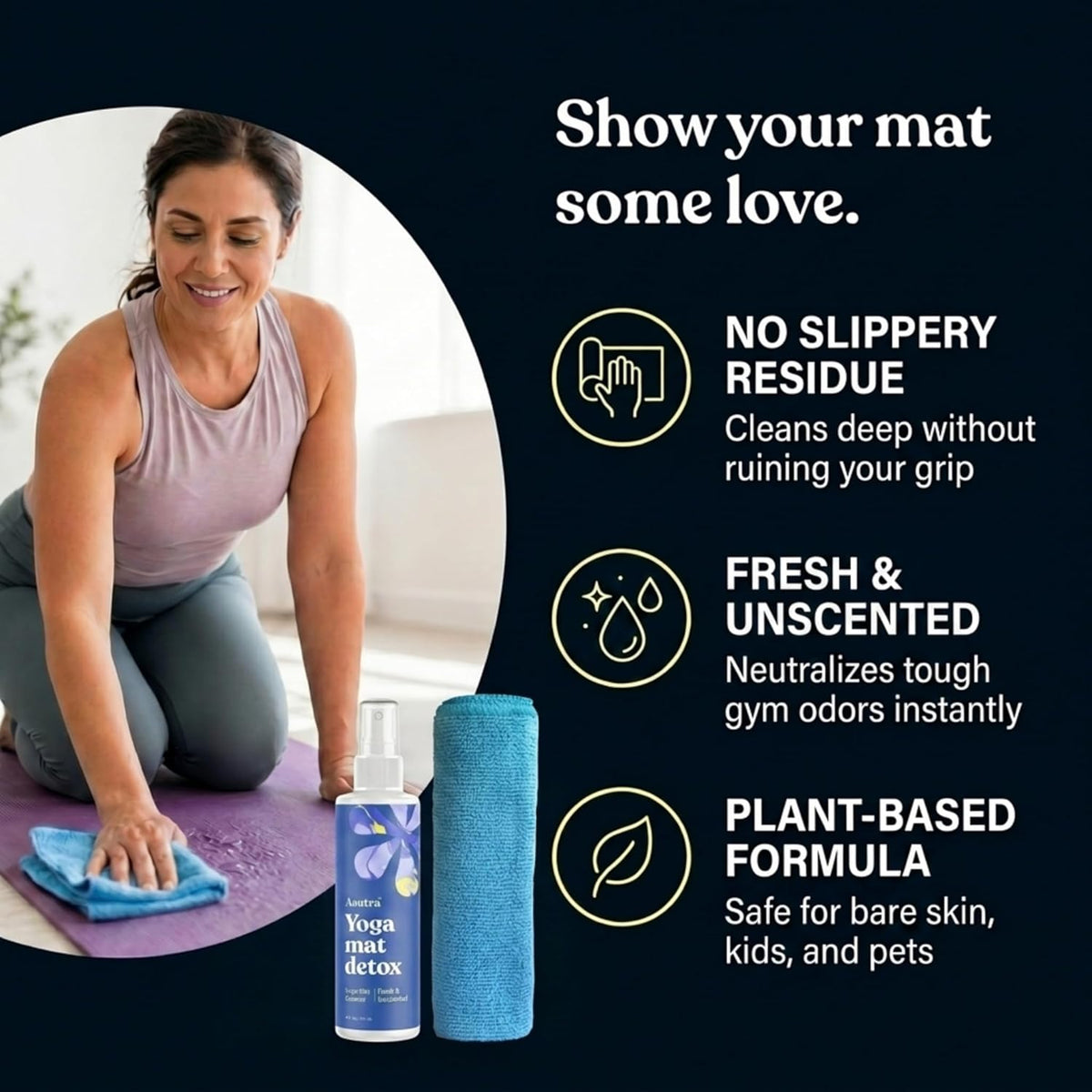 ASUTRA Yoga Mat Cleaner Spray (Peaceful Lavender), 4 fl oz - No Slippery Residue, Organic Essential Oils, Deep-Cleansing for Fitness Gear & Gym Equipment, Microfiber Towel Included