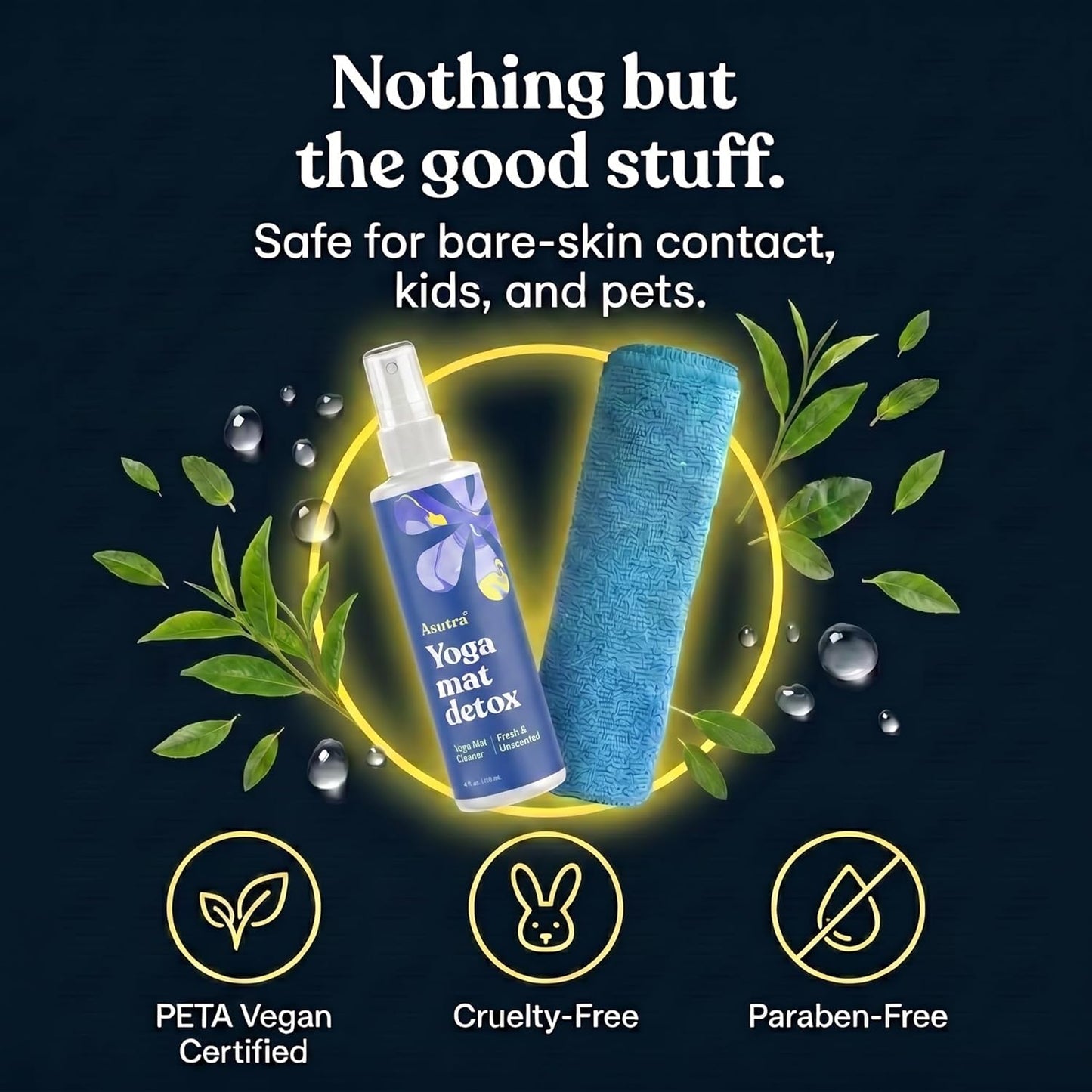ASUTRA Yoga Mat Cleaner Spray (Peaceful Lavender), 4 fl oz - No Slippery Residue, Organic Essential Oils, Deep-Cleansing for Fitness Gear & Gym Equipment, Microfiber Towel Included