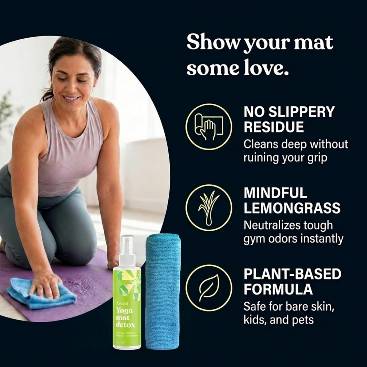 ASUTRA Yoga Mat Cleaner Spray (Peaceful Lavender), 4 fl oz - No Slippery Residue, Organic Essential Oils, Deep-Cleansing for Fitness Gear & Gym Equipment, Microfiber Towel Included