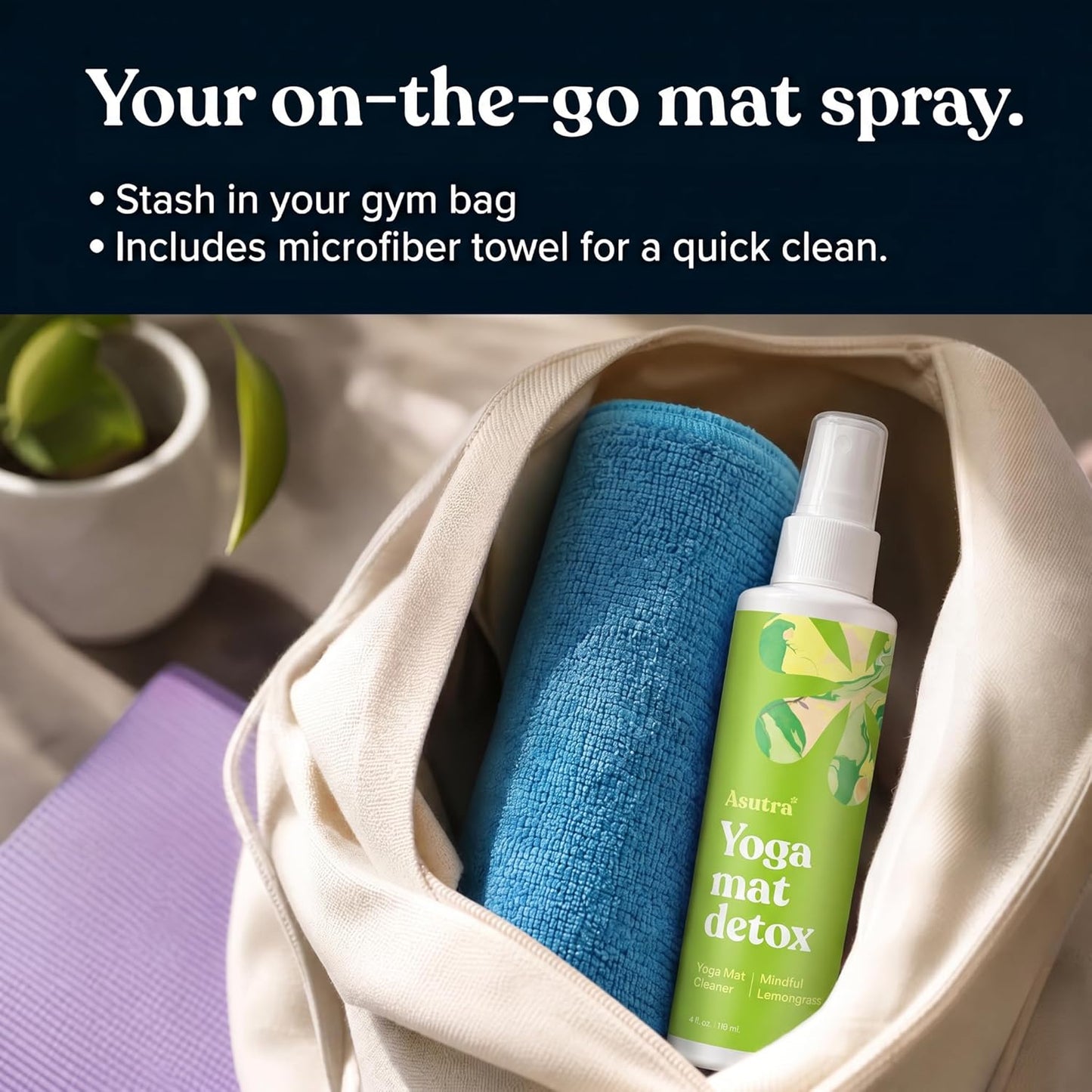 ASUTRA Yoga Mat Cleaner Spray (Peaceful Lavender), 4 fl oz - No Slippery Residue, Organic Essential Oils, Deep-Cleansing for Fitness Gear & Gym Equipment, Microfiber Towel Included