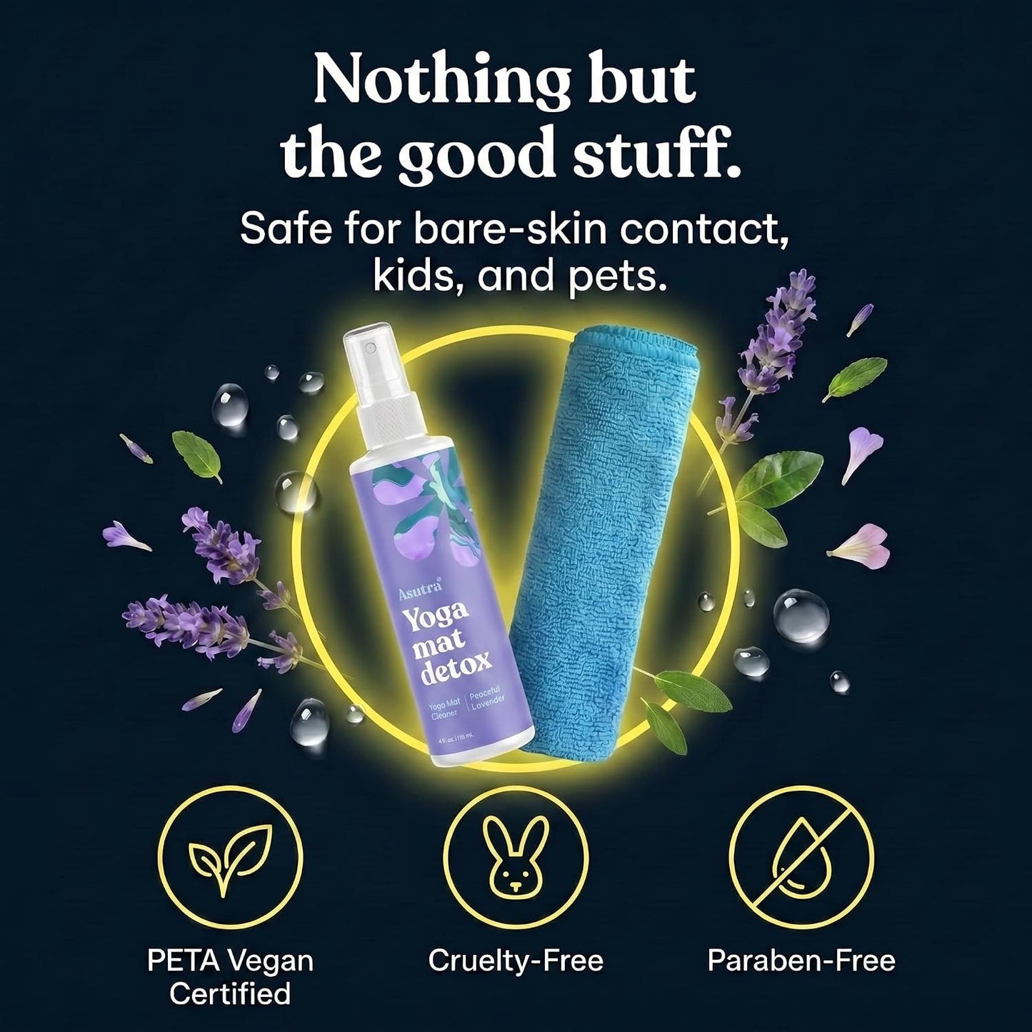 ASUTRA Yoga Mat Cleaner Spray (Peaceful Lavender), 4 fl oz - No Slippery Residue, Organic Essential Oils, Deep-Cleansing for Fitness Gear & Gym Equipment, Microfiber Towel Included