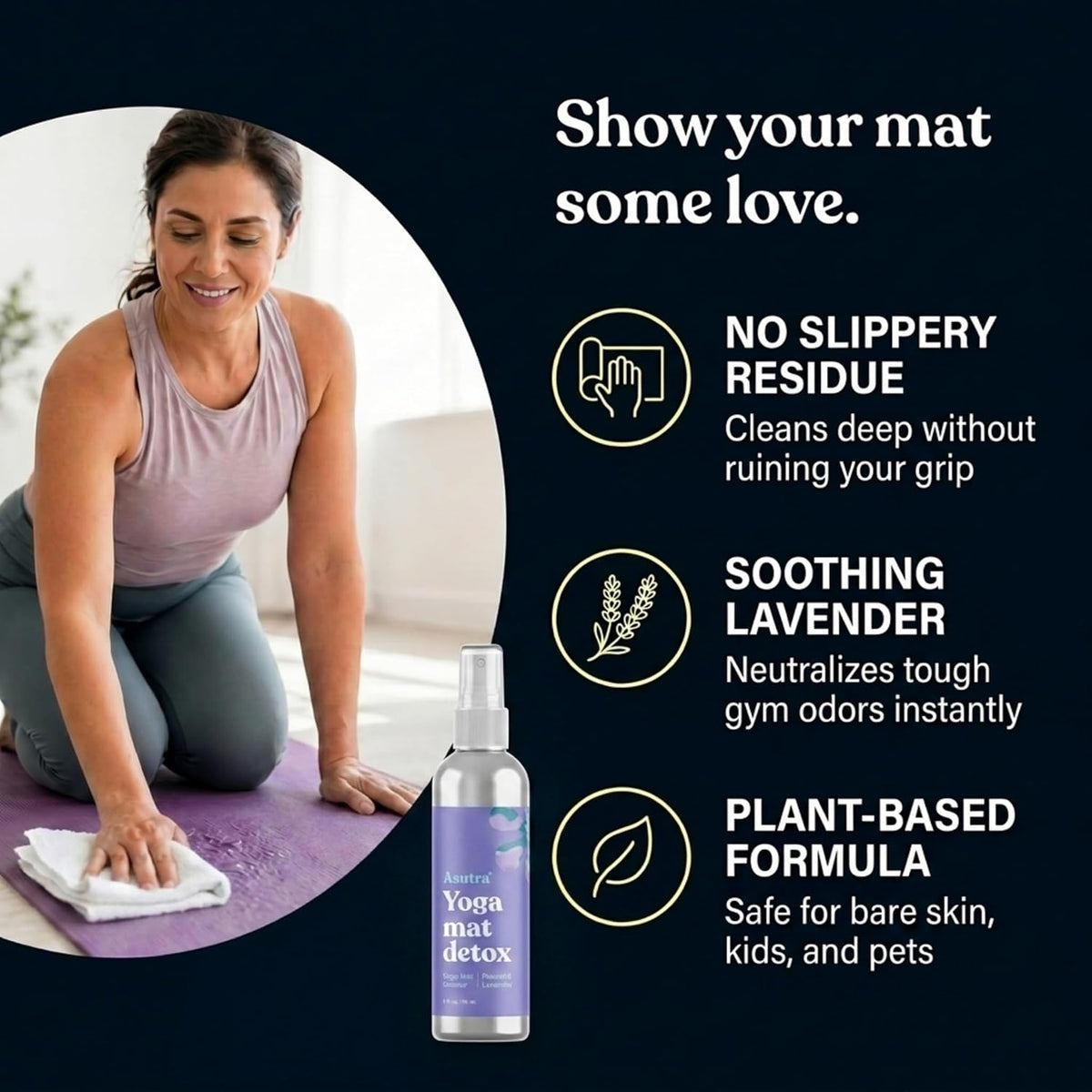 ASUTRA Yoga Mat Cleaner Spray (Peaceful Lavender), 4 fl oz - No Slippery Residue, Organic Essential Oils, Deep-Cleansing for Fitness Gear & Gym Equipment, Microfiber Towel Included