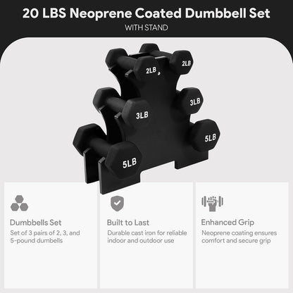 BalanceFrom Neoprene Coated Iron Dumbbell Hex Weights Set with Stand – Color-Coded or Black Options with Non-Slip Grip for Strength Training, Resistance Workouts, and Home Gym Fitness