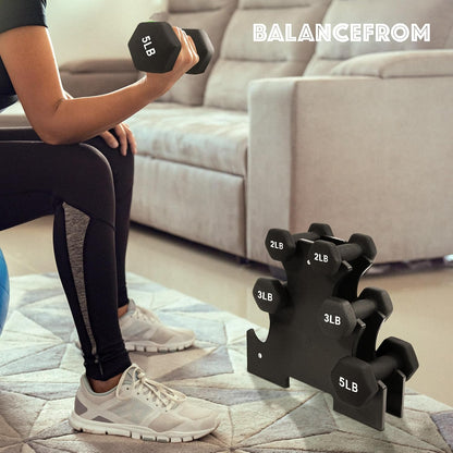 BalanceFrom Neoprene Coated Iron Dumbbell Hex Weights Set with Stand – Color-Coded or Black Options with Non-Slip Grip for Strength Training, Resistance Workouts, and Home Gym Fitness