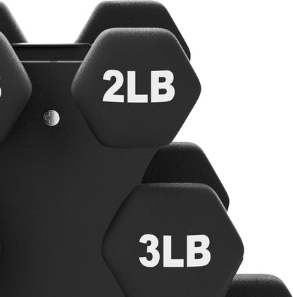 BalanceFrom Neoprene Coated Iron Dumbbell Hex Weights Set with Stand – Color-Coded or Black Options with Non-Slip Grip for Strength Training, Resistance Workouts, and Home Gym Fitness