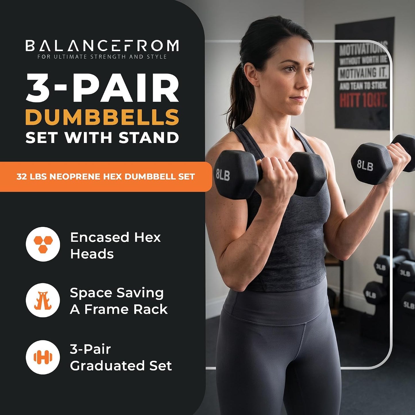 BalanceFrom Neoprene Coated Iron Dumbbell Hex Weights Set with Stand – Color-Coded or Black Options with Non-Slip Grip for Strength Training, Resistance Workouts, and Home Gym Fitness